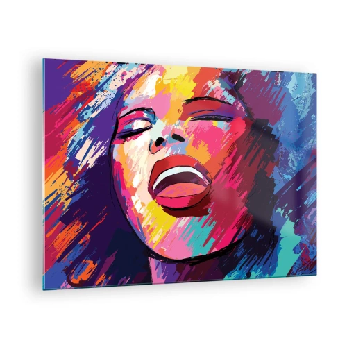 Glasbild - Bild auf glas - Abstraktes Frauenporträt in intensiven Farben - 70x50cm - Sing mein ganzes Leben - Moderne Wanddekoration für Wohnzimmer und Schlafzimmer ARTTOR