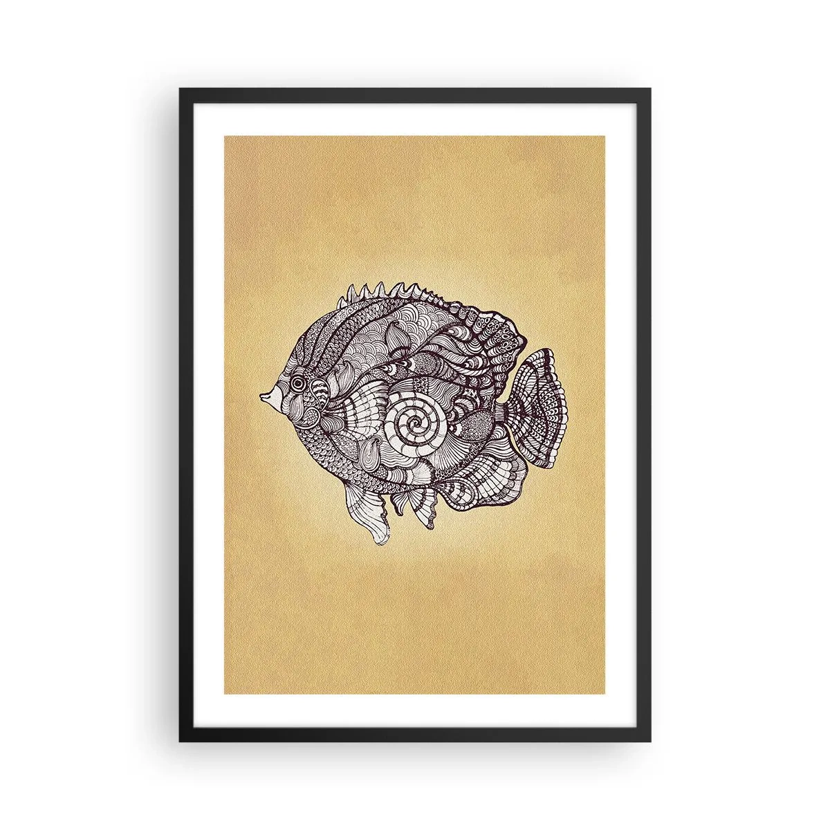 Poster in einem schwarzem Rahmen - Künstlerischer Fisch im Mandala-Stil auf beigem Hintergrund - 50x70cm - Aus dem Ozean der Ornamente - Moderne Wanddekoration für Wohnzimmer und Schlafzimmer ARTTOR