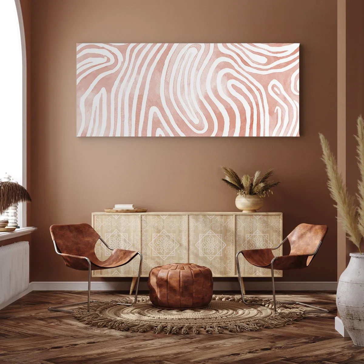 Bild auf Leinwand - Leinwandbild - Abstraktes Muster in Rosa- und Weißtönen - 120x50cm - Im Korallenlabyrinth - Moderne Wanddekoration für Wohnzimmer und Schlafzimmer ARTTOR