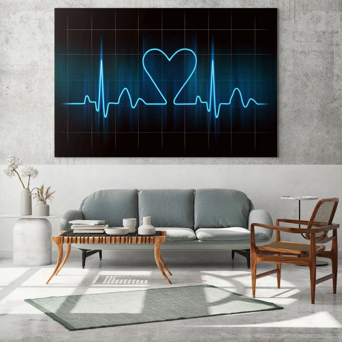 Glasbild - Bild auf glas - Lebenslinie mit Herz auf dunklem Hintergrund in blauem Licht - 70x50cm - Im Rhythmus des Herzens - Moderne Wanddekoration für Wohnzimmer und Schlafzimmer ARTTOR