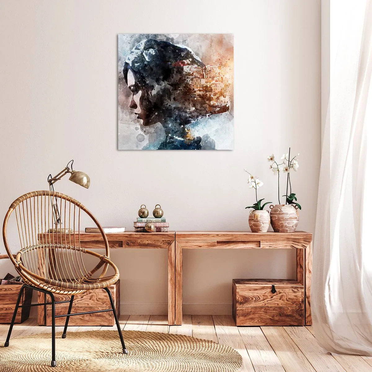 Bild auf Leinwand - Leinwandbild - Eine Geschichte über ein Mädchen mit einer Stadt im Hintergrund - 40x40 cm