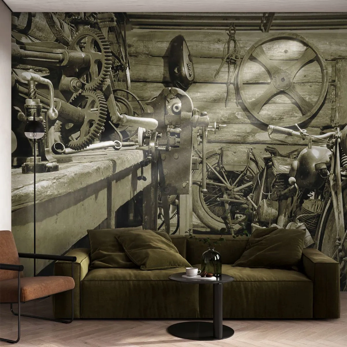 Fototapete Premium Sand - Historische Werkstatt mit Oldtimer-Motorrädern - 100x70cm - Im Schuppen von Onkel Władek - Moderne Wanddekoration für Wohnzimmer und Schlafzimmer ARTTOR