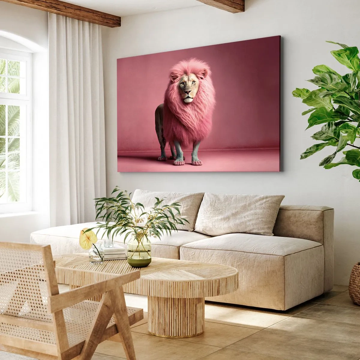 Bild auf Leinwand - Leinwandbild - Ein künstlerisch gestalteter Löwe mit rosa Mähne auf rosa Hintergrund - 100x70cm - Und du hast keine Angst mehr - Moderne Wanddekoration für Wohnzimmer und Schlafzimmer ARTTOR