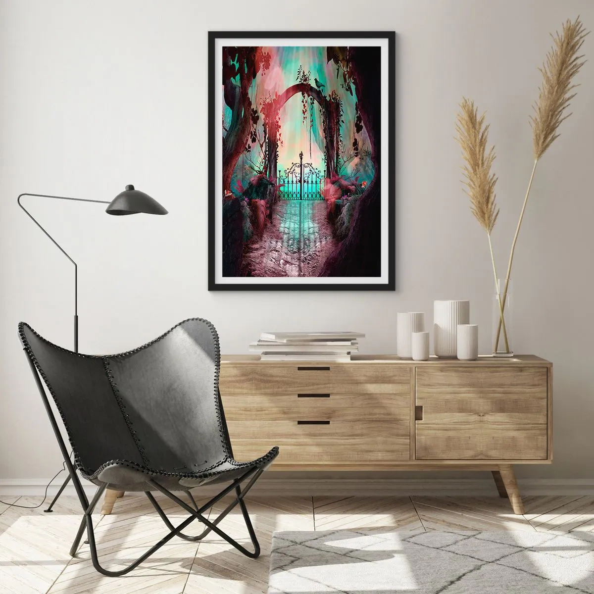 Poster in einem schwarzem Rahmen - Ein geheimnisvolles Tor im Wald mit buntem Hintergrund - 50x70cm - Geheimer Garten - Moderne Wanddekoration für Wohnzimmer und Schlafzimmer ARTTOR