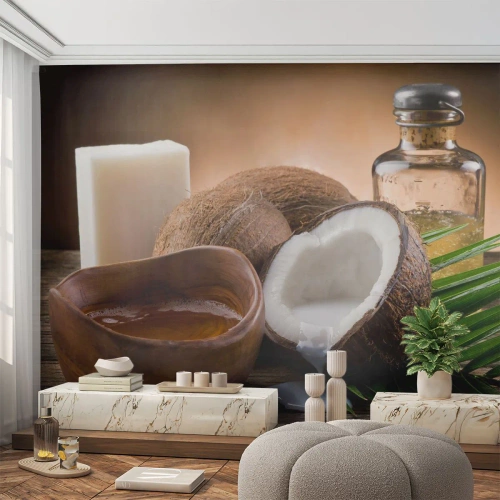 Maßgeschneiderte Fototapete Premium Sand - Gesundheit von tropischen Inseln - Kokosnuss, Spa, Kokosnussöl
