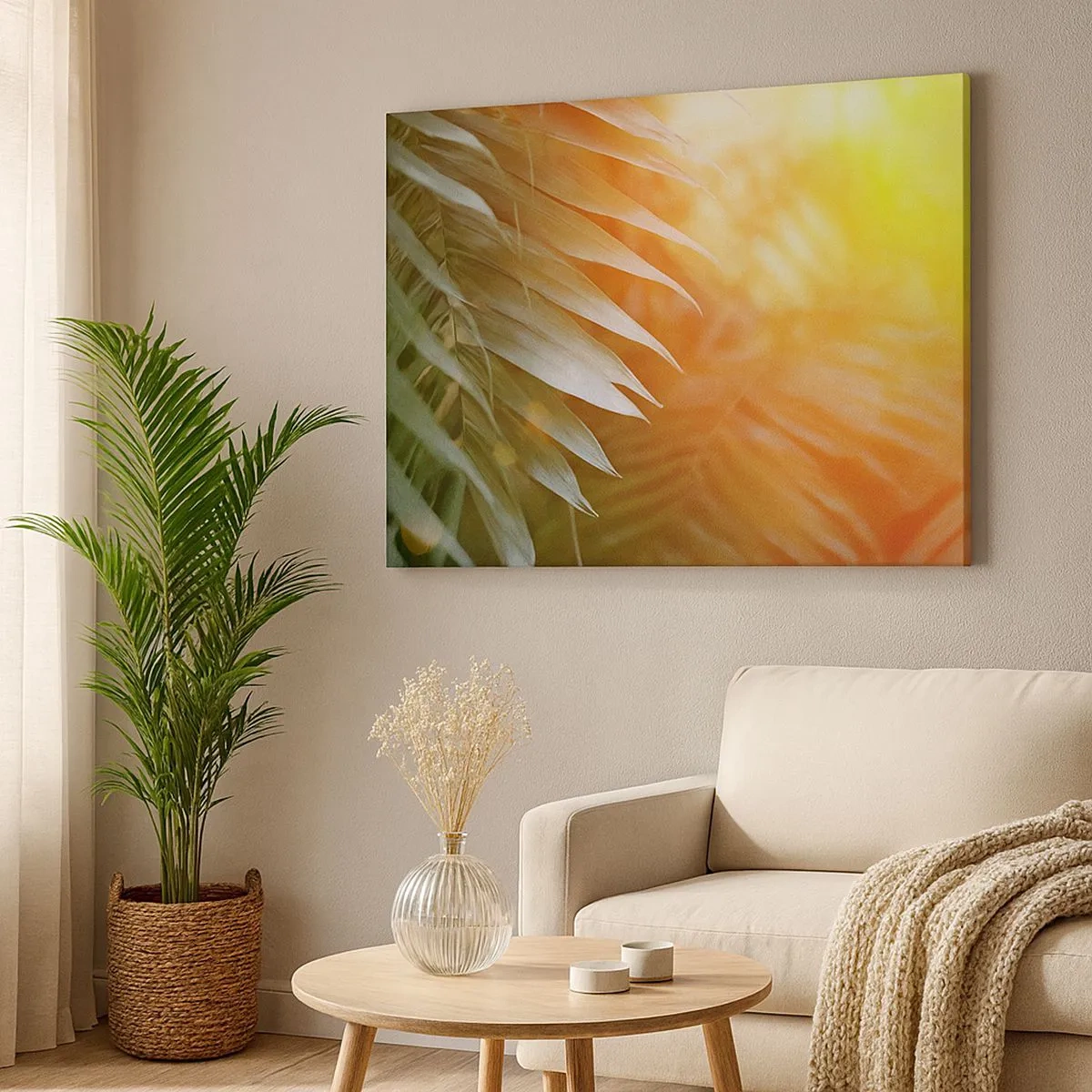 Bild auf Leinwand - Leinwandbild - Palmblätter in den Strahlen des Sonnenuntergangs - 70x50cm - Morgen im Dschungel - Moderne Wanddekoration für Wohnzimmer und Schlafzimmer ARTTOR