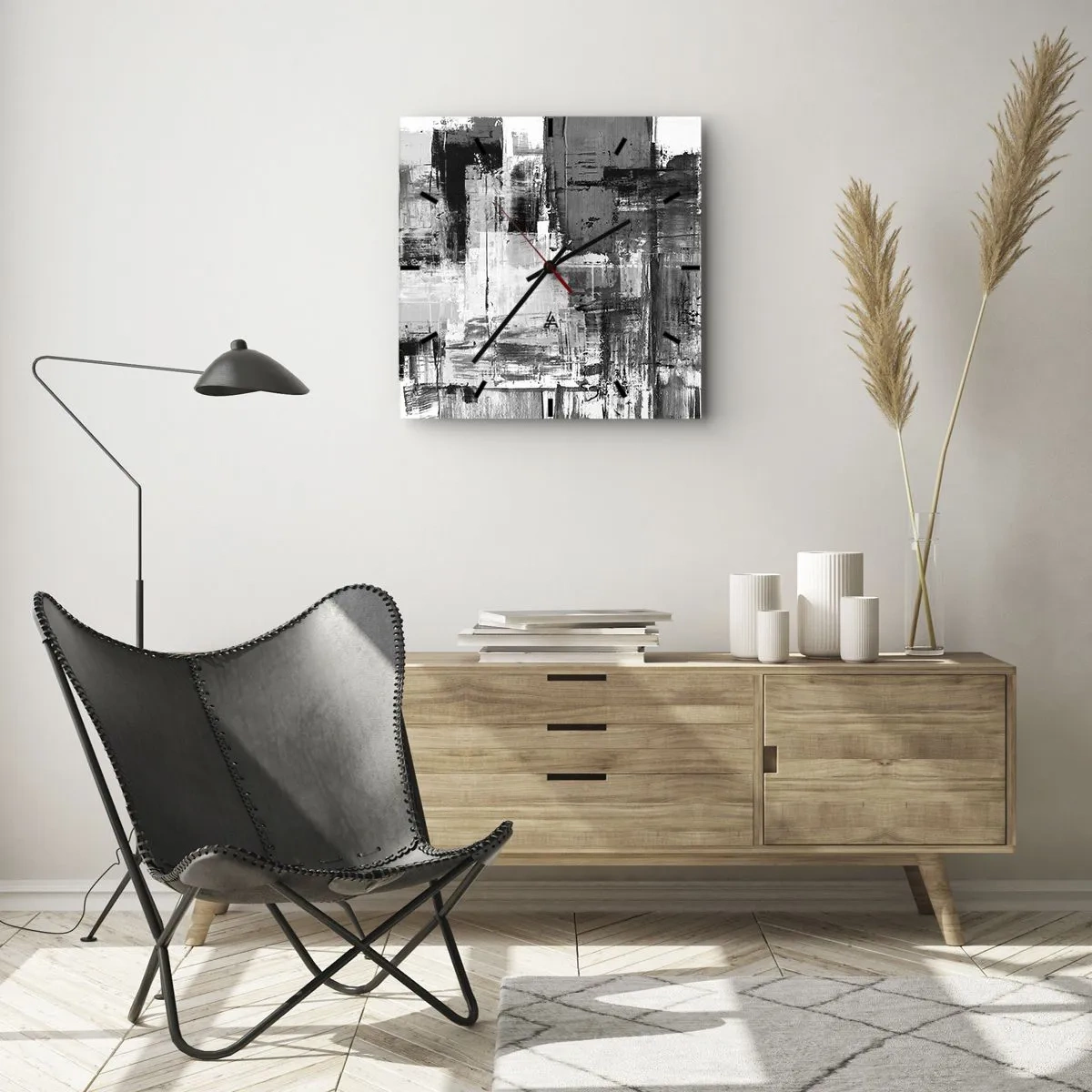 Wanduhr - Glasuhr - Abstrakte Komposition in Schwarz, Weiß und Grau - 30x30cm - Wunderschönes Grau - Moderne Wanddekoration für Wohnzimmer und Schlafzimmer ARTTOR