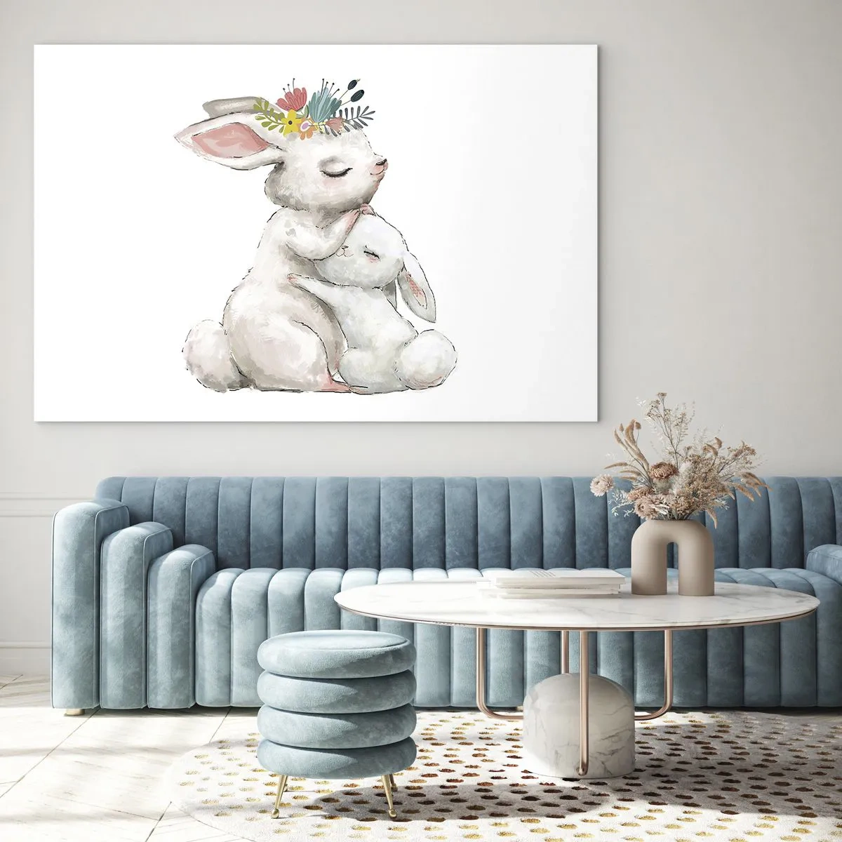 Glasbild - Bild auf glas - Zwei kuschelige Hasen in Pastellfarben - 100x70cm - Bei Mama ist's am schönsten - Moderne Wanddekoration für Wohnzimmer und Schlafzimmer ARTTOR