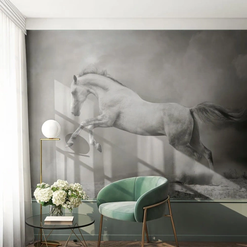 Fototapete Premium Sand - Ein springendes Pferd in einer schwarz-weißen Umgebung - 100x70cm - Zwischen Aufwachen und Schlafen - Moderne Wanddekoration für Wohnzimmer und Schlafzimmer ARTTOR