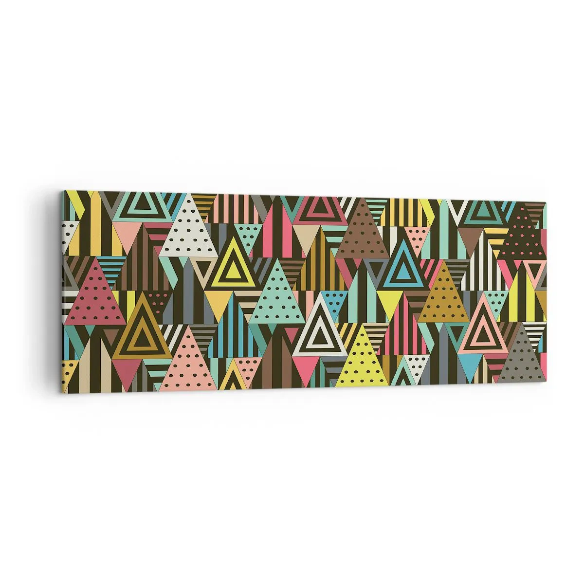 Bild auf Leinwand - Leinwandbild - Buntes geometrisches Muster mit Dreiecken und Linien - 140x50cm - Im Rhythmus auf drei - Moderne Wanddekoration für Wohnzimmer und Schlafzimmer ARTTOR
