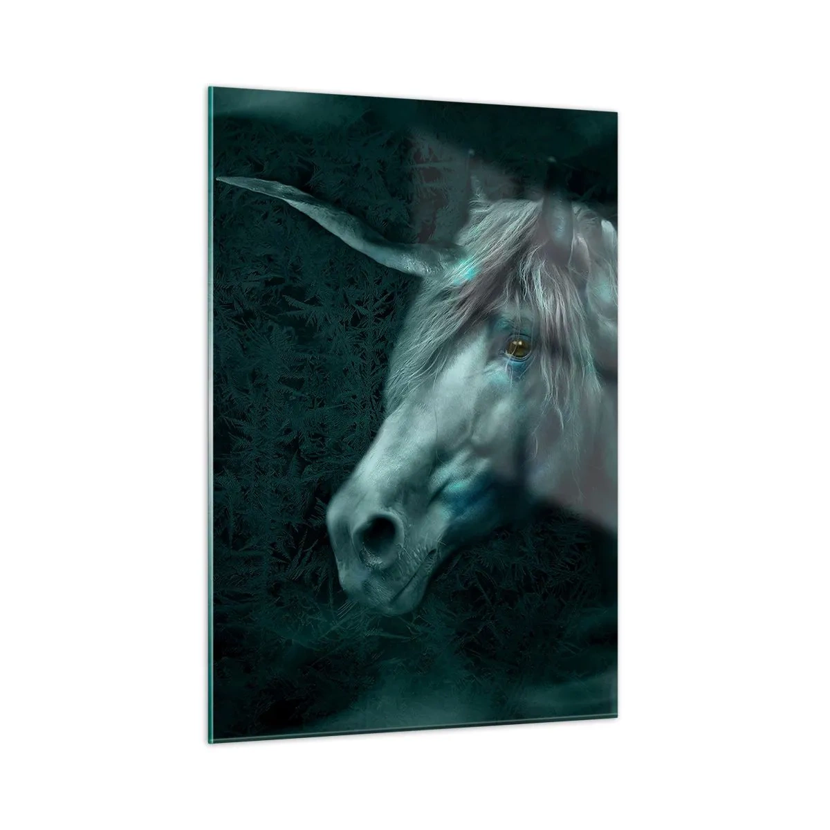 Glasbild - Bild auf glas - Einhorn im geheimnisvollen Wald - 50x70cm - In einem Märchenwald - Moderne Wanddekoration für Wohnzimmer und Schlafzimmer ARTTOR