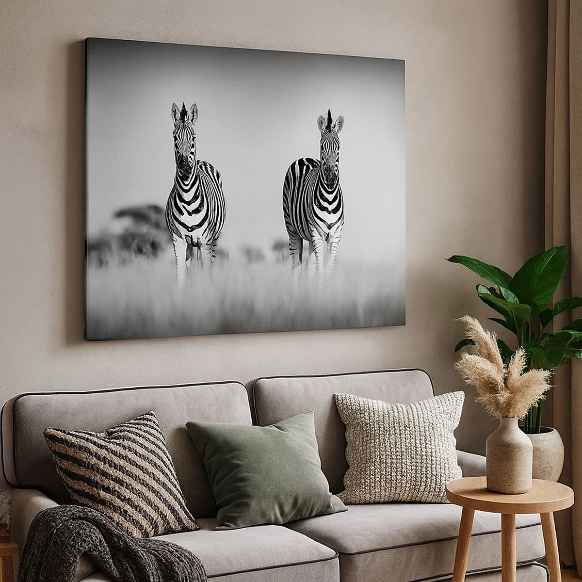 Bild auf Leinwand - Leinwandbild - Zwei Zebras in der Savanne im monochromen Stil - 70x50cm - Die Welt ist doch schwarz-weiß - Moderne Wanddekoration für Wohnzimmer und Schlafzimmer ARTTOR