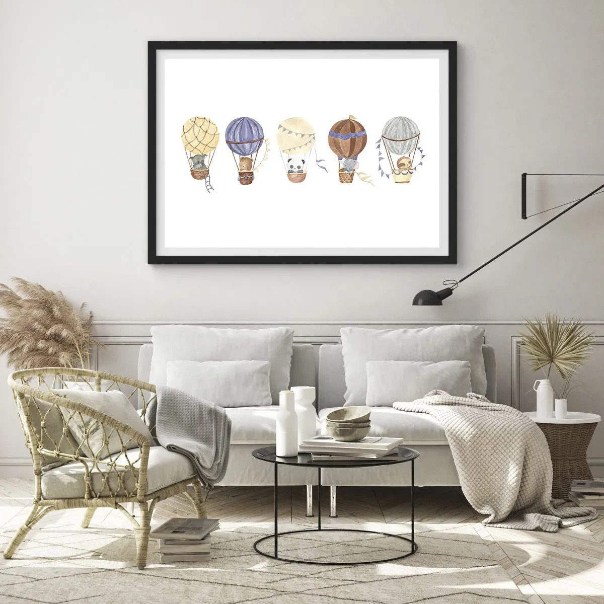 Poster in einem schwarzem Rahmen - Niedliche Tiere in Luftballons auf weißem Hintergrund - 70x50cm - Freunde auf Reise - Moderne Wanddekoration für Wohnzimmer und Schlafzimmer ARTTOR