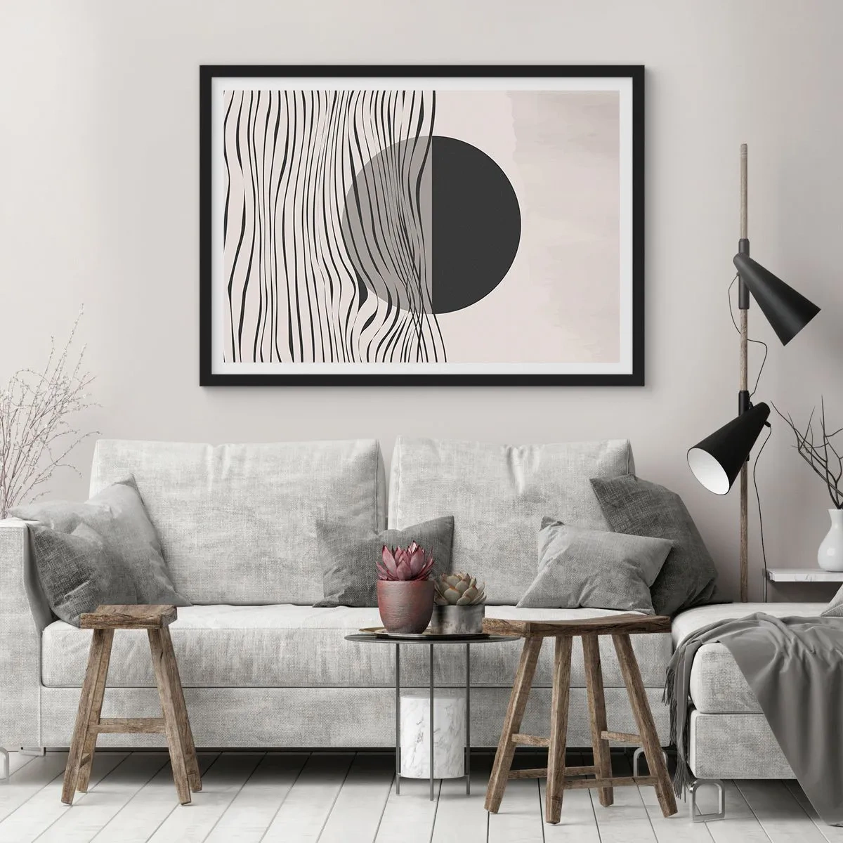 Poster in einem schwarzem Rahmen - Abstrakte Linien und geometrische Formen in gedeckten Farben - 70x50cm - Halbe Komposition - Moderne Wanddekoration für Wohnzimmer und Schlafzimmer ARTTOR