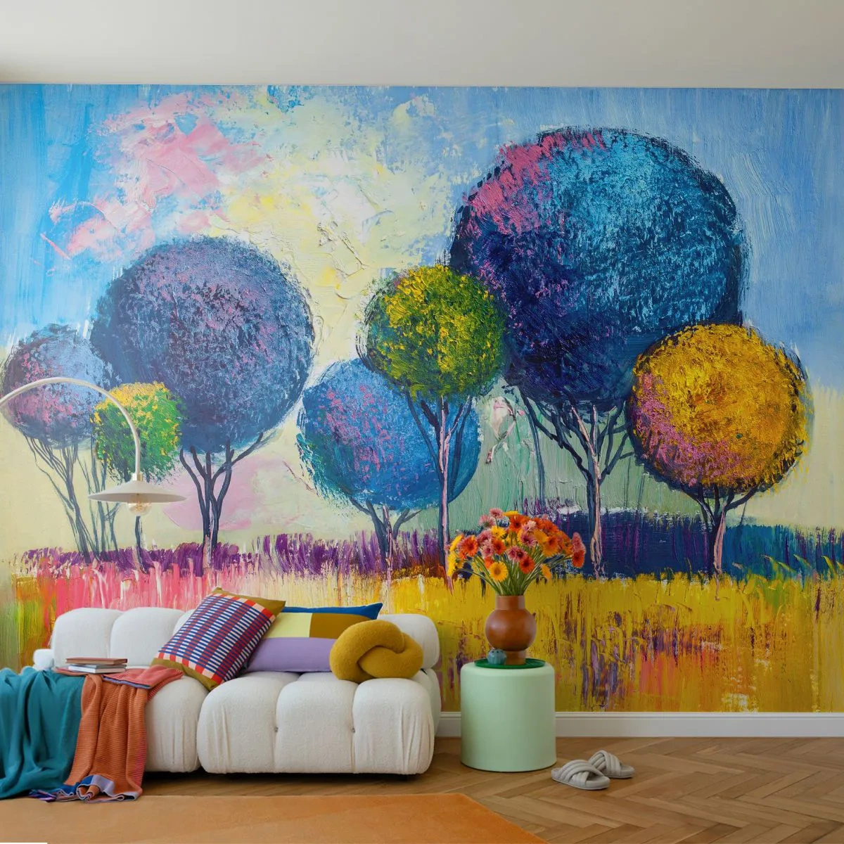 Fototapete Premium Sand - Bunte abstrakte Bäume vor einem hellen Himmel - 100x70cm - Kugel - die Form des Ideals - Moderne Wanddekoration für Wohnzimmer und Schlafzimmer ARTTOR