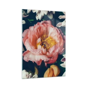 Glasbild - Bild auf glas - Nahaufnahme von Pfingstrosen und Chrysanthemen in Pastelltönen - 50x70cm - Mit barocker Pracht - Moderne Wanddekoration für Wohnzimmer und Schlafzimmer ARTTOR