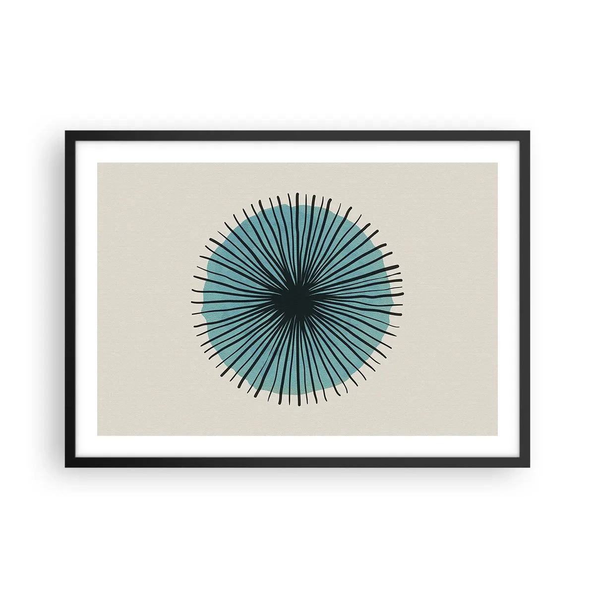 Poster in einem schwarzem Rahmen - Abstrakte Kreisform mit blauen Strahlen - 70x50cm - Strahlend im Blau - Moderne Wanddekoration für Wohnzimmer und Schlafzimmer ARTTOR