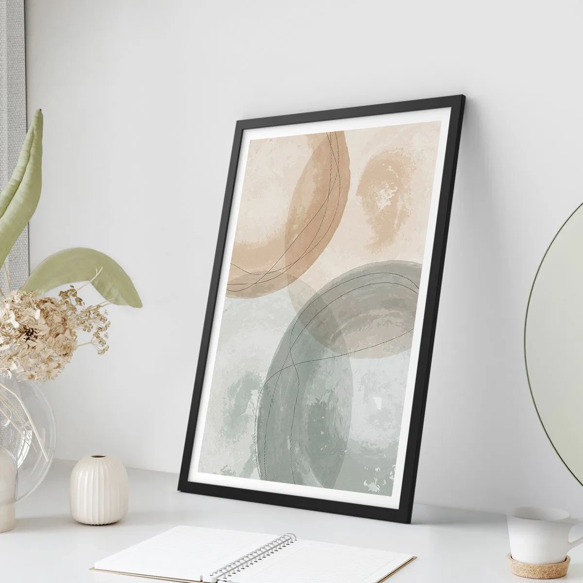 Poster in einem schwarzem Rahmen - Geometrische Formen in pastellfarbenen Erdtönen - 50x70cm - Welten durchdringen - Moderne Wanddekoration für Wohnzimmer und Schlafzimmer ARTTOR