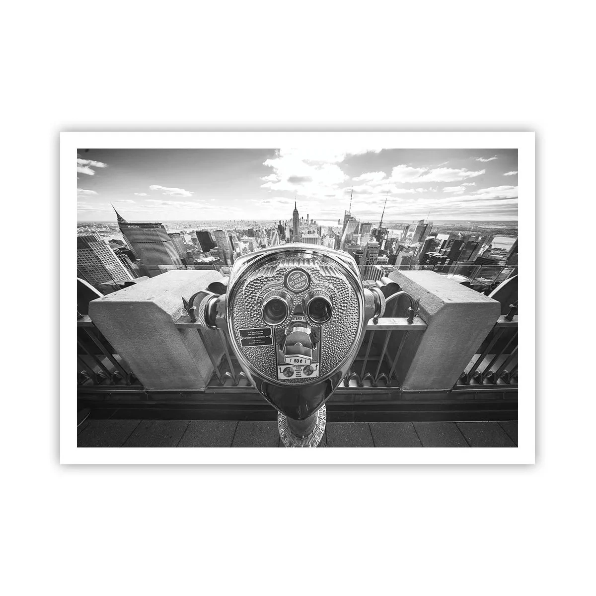 Poster - Monochromer Blick durch das Teleskop auf das Stadtpanorama - 100x70cm - Stadt über den Städten - Moderne Wanddekoration für Wohnzimmer und Schlafzimmer ARTTOR