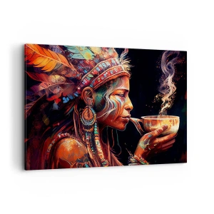 Bild auf Leinwand - Leinwandbild - Eine farbenfrohe Figur im Ethno-Stil mit einer Tasse dampfenden Getränks - 100x70cm - Magisches Ritual - Moderne Wanddekoration für Wohnzimmer und Schlafzimmer ARTTOR