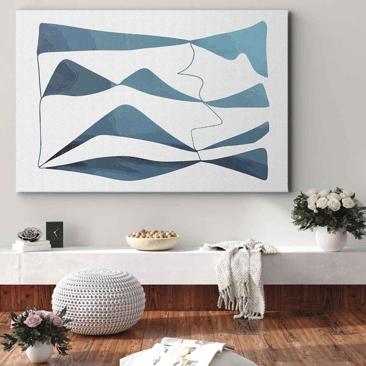 Bild auf Leinwand - Leinwandbild - Abstrakte Formen in Blautönen auf weißem Hintergrund - 100x70cm - Abstraktion: türkisfarbene Verbindung - Moderne Wanddekoration für Wohnzimmer und Schlafzimmer ARTTOR