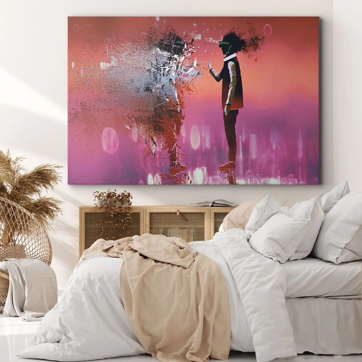 Bild auf Leinwand - Leinwandbild - Eine abstrakte Szene mit einer futuristischen Figur und verstreuten Elementen. - 70x50cm - Kannst du dich selbst anschauen? - Moderne Wanddekoration für Wohnzimmer und Schlafzimmer ARTTOR