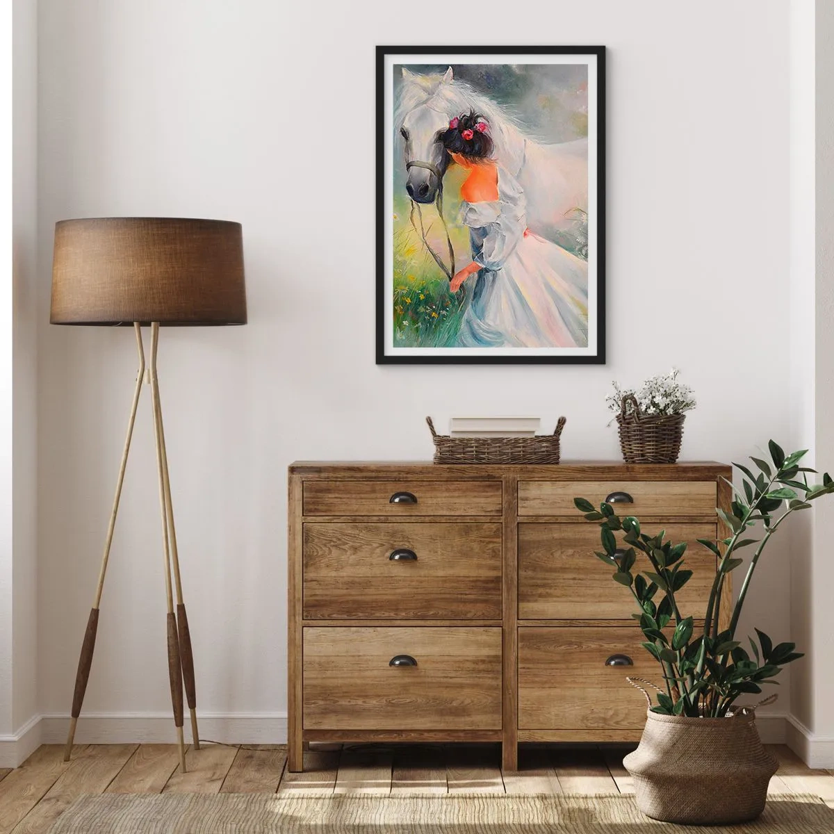 Poster in einem schwarzem Rahmen - Eine Frau mit einem weißen Pferd im malerischen Stil - 50x70cm - Wie aus einem schönen Traum - Moderne Wanddekoration für Wohnzimmer und Schlafzimmer ARTTOR