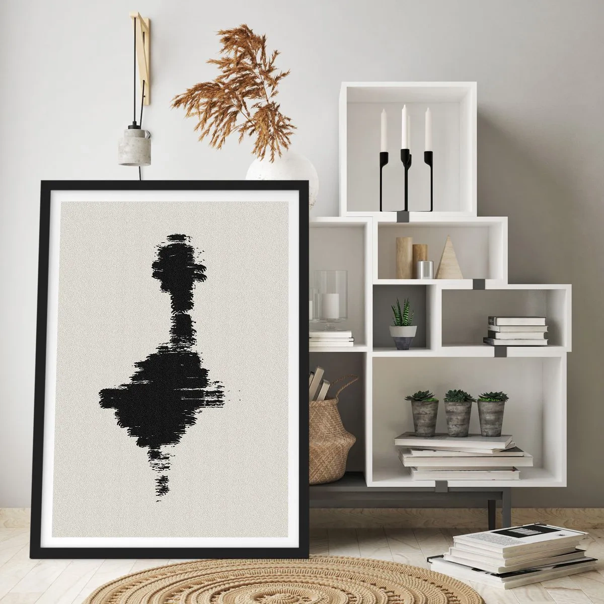 Poster in einem schwarzem Rahmen - Minimalistische Abstraktion in Schwarzweiß - 50x70cm - Schwingungen der Fantasie - Moderne Wanddekoration für Wohnzimmer und Schlafzimmer ARTTOR