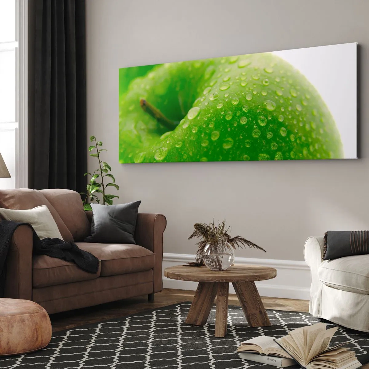 Bild auf Leinwand - Leinwandbild - Nahaufnahme eines grünen Apfels mit Wassertropfen - 120x50cm - Grüne kühle Frische - Moderne Wanddekoration für Wohnzimmer und Schlafzimmer ARTTOR