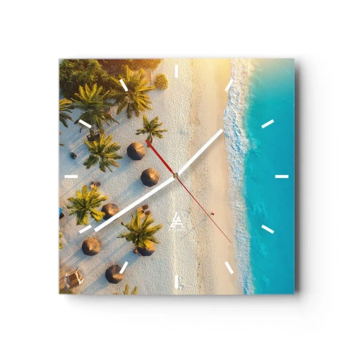Wanduhr - Glasuhr - Blick auf einen tropischen Strand mit Palmen und türkisfarbenem Meer - 30x30cm - Willkommen im Paradies - Moderne Wanddekoration für Wohnzimmer und Schlafzimmer ARTTOR