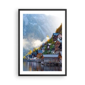 Poster in einem schwarzem Rahmen - Eine Bergstadt an einem See, umgeben von herbstlicher Aura - 50x70cm - Alpenatmosphäre - Moderne Wanddekoration für Wohnzimmer und Schlafzimmer ARTTOR
