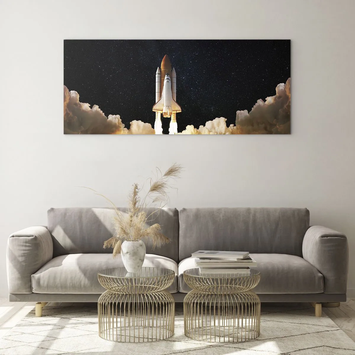 Glasbild - Bild auf glas - Eine Weltraumrakete hebt vor dem Sternenhimmel ab - 120x50cm - Ad Astra! - Moderne Wanddekoration für Wohnzimmer und Schlafzimmer ARTTOR