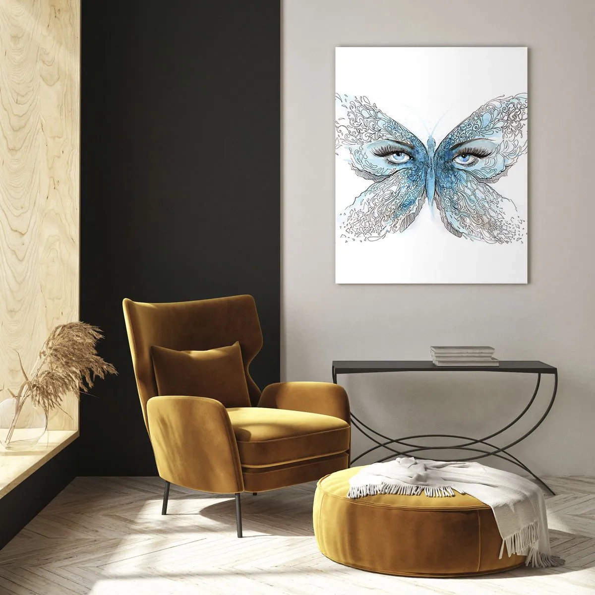 Glasbild - Bild auf glas - Ein Schmetterling mit blauen Flügeln und menschlichen Augen im künstlerischen Stil. - 50x70cm - Eros Blaumeise - Moderne Wanddekoration für Wohnzimmer und Schlafzimmer ARTTOR