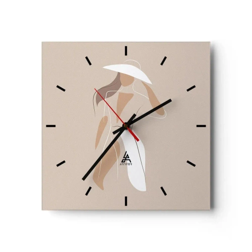 Wanduhr - Glasuhr - Eine minimalistische Zeichnung einer Frau mit Hut auf beigem Hintergrund. - 30x30cm - Mode macht Spaß - Moderne Wanddekoration für Wohnzimmer und Schlafzimmer ARTTOR