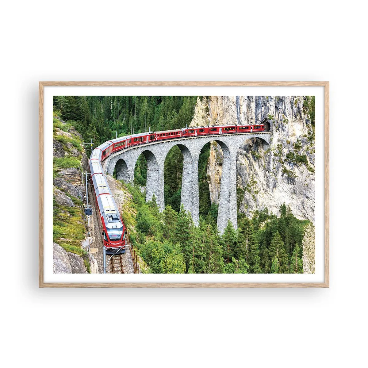 Poster in einem Rahmen aus heller Eiche - Eisenbahn für Bergblick - 100x70 cm