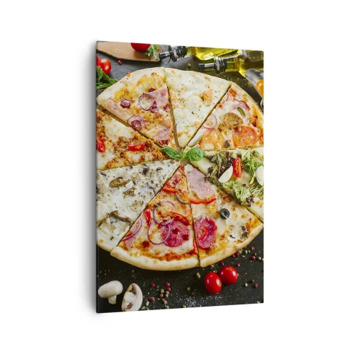 Bild auf Leinwand - Leinwandbild - Pizza in verschiedenen Geschmacksrichtungen mit verschiedenen Belägen - 70x100cm - Eine Reihe von Geschmacksrichtungen - Moderne Wanddekoration für Wohnzimmer und Schlafzimmer ARTTOR