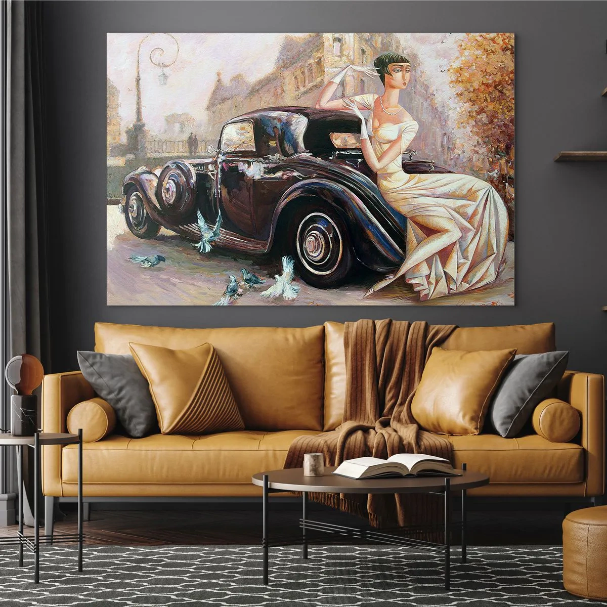 Glasbild - Bild auf glas - Elegante Frau neben einem Retro-Auto in urbaner Umgebung - 70x50cm - Eleganz im Retro-Stil - Moderne Wanddekoration für Wohnzimmer und Schlafzimmer ARTTOR