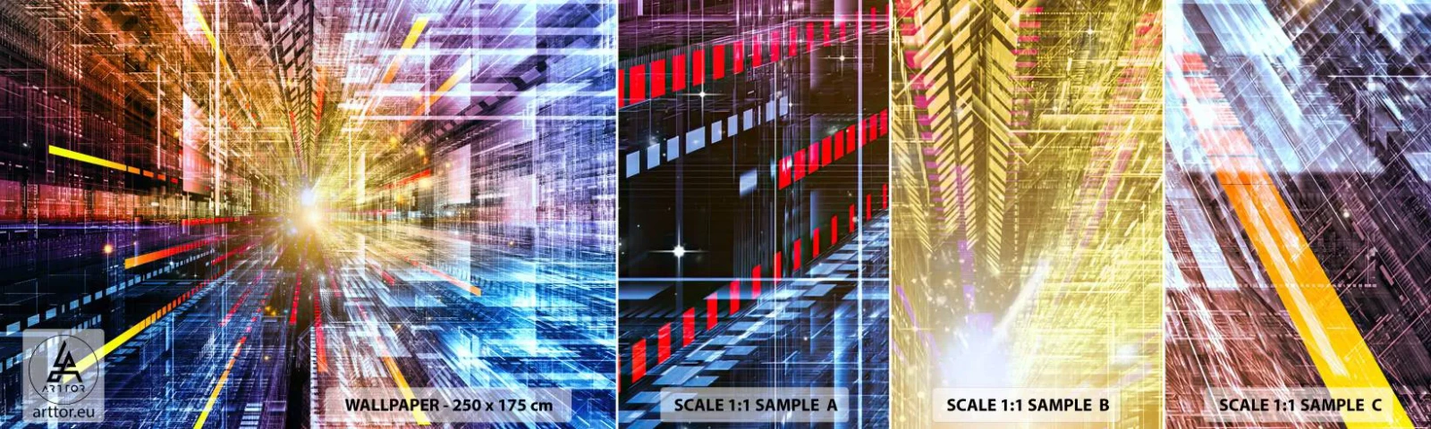 Fototapetenmuster Standard Eco - Leuchtender Korridor - Abstraktion, Grafik, 3D - 100x30 cm