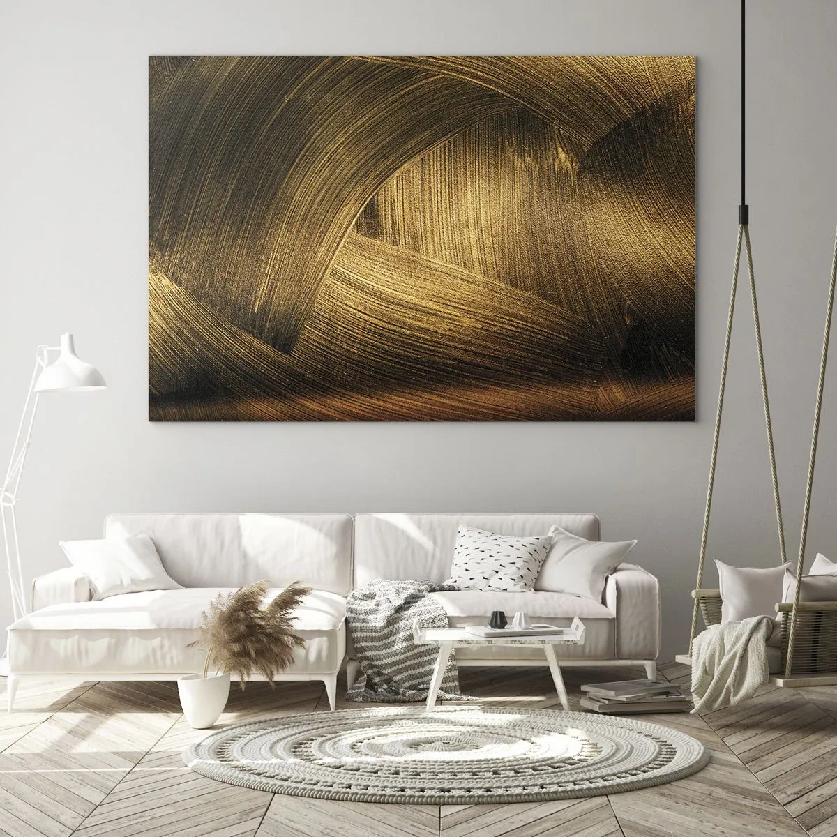 Glasbild - Bild auf glas - Ein abstraktes Gemälde mit goldenen, geometrischen Linien auf einem Hintergrund - 70x50cm - In einem goldenen Labyrinth - Moderne Wanddekoration für Wohnzimmer und Schlafzimmer ARTTOR