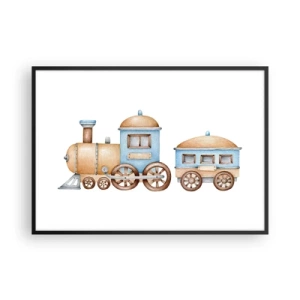 Poster in einem schwarzem Rahmen - Zeichnung eines Zuges in Pastelltönen auf weißem Hintergrund - 100x70cm - Am Bahnhof steht ... - Moderne Wanddekoration für Wohnzimmer und Schlafzimmer ARTTOR