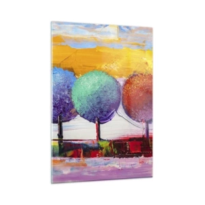Glasbild - Bild auf glas - Bunte abstrakte Bäume auf einem intensiven Hintergrund - 50x70cm - Aller guten Dinge sind drei - Moderne Wanddekoration für Wohnzimmer und Schlafzimmer ARTTOR