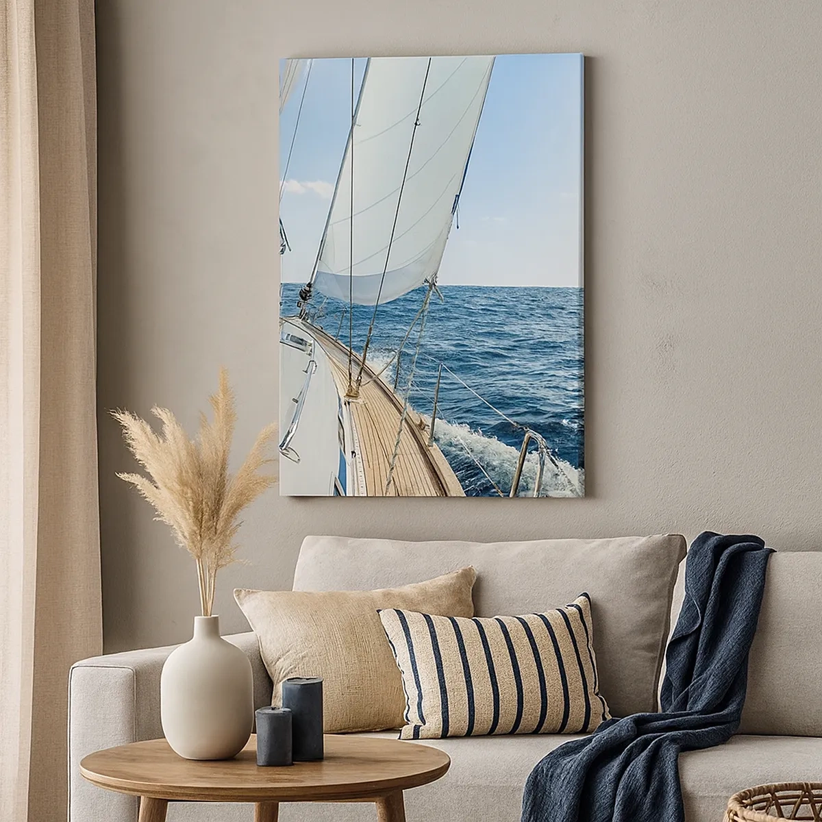 Bild auf Leinwand - Leinwandbild - Ein Segelboot auf ruhiger See unter blauem Himmel - 50x70cm - Ahoi, Abenteuer - Moderne Wanddekoration für Wohnzimmer und Schlafzimmer ARTTOR