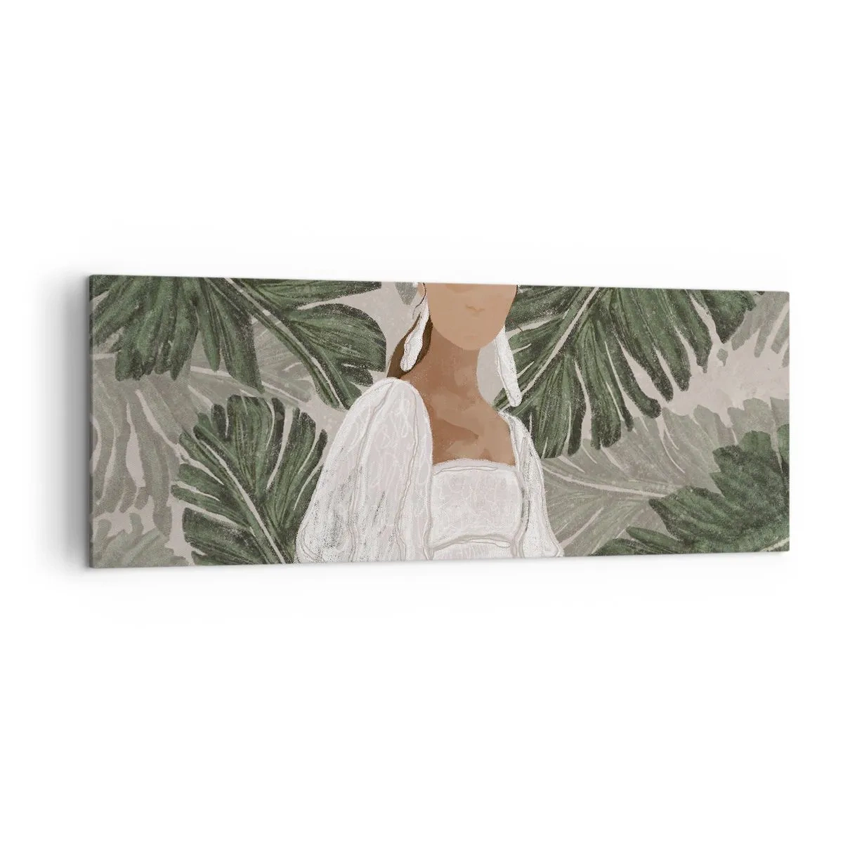 Bild auf Leinwand - Leinwandbild - Porträt einer Frau in einem weißen Kleid vor einem Hintergrund aus Monstera-Blättern - 140x50cm - Exotisches Porträt - Moderne Wanddekoration für Wohnzimmer und Schlafzimmer ARTTOR