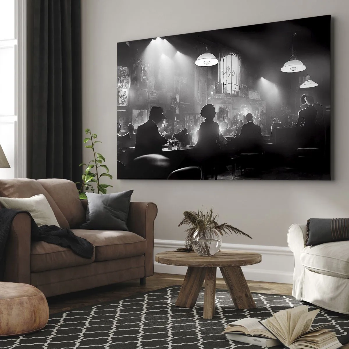 Bild auf Leinwand - Leinwandbild - Schwarz-weiße Jazz-Nachtclubszene - 100x70cm - In Jazz-Atmosphäre - Moderne Wanddekoration für Wohnzimmer und Schlafzimmer ARTTOR