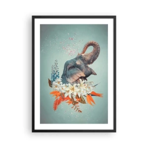 Poster in einem schwarzem Rahmen - Ein Elefant zwischen Blumen in einer surrealen Komposition - 50x70cm - Freudenschrei - Moderne Wanddekoration für Wohnzimmer und Schlafzimmer ARTTOR
