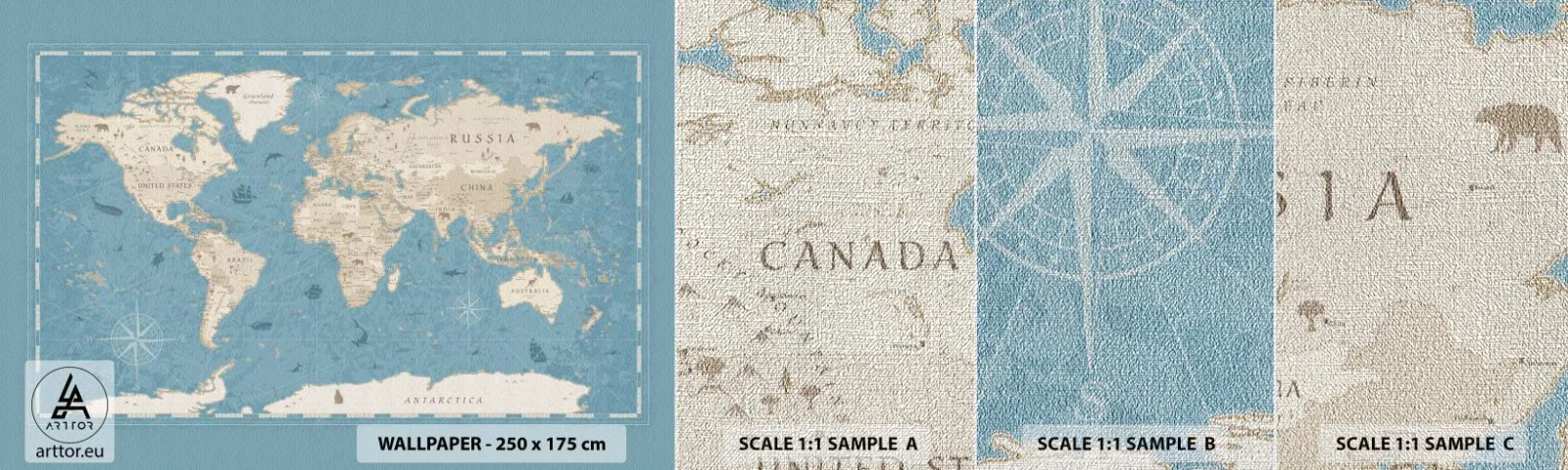 Fototapeten Muster Premium Canvas - Die Welt liegt zum Greifen nah - Weltkarte, Jahrgang, Grunge - 100x30 cm