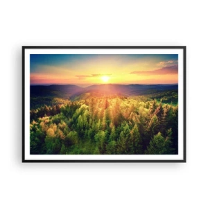 Poster in einem schwarzem Rahmen - Waldlandschaft mit Sonnenuntergang über den Hügeln - 100x70cm - Scheitelpunkte und Spitzen - Moderne Wanddekoration für Wohnzimmer und Schlafzimmer ARTTOR