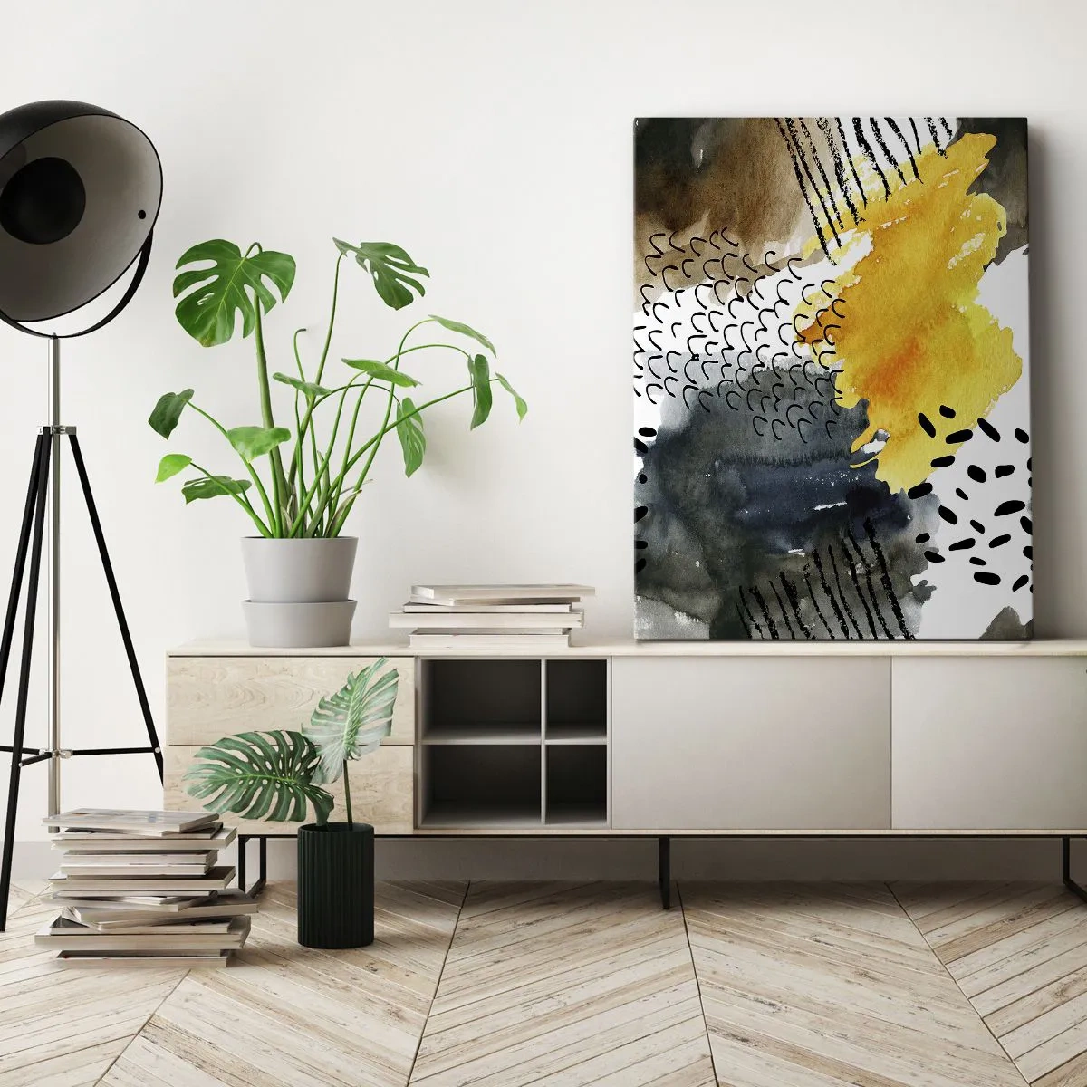 Bild auf Leinwand - Leinwandbild - Eine abstrakte Komposition mit gelben Akzenten und grafischen Mustern. - 50x70cm - Ein Treffen der Elemente der Natur - Moderne Wanddekoration für Wohnzimmer und Schlafzimmer ARTTOR