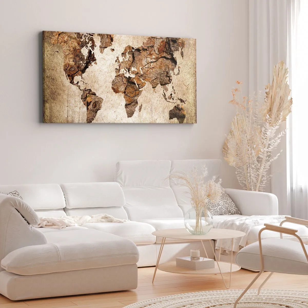 Bild auf Leinwand - Leinwandbild - Eine Weltkarte im rustikalen Holzstil - 120x50cm - Entdeckung der Welt - Moderne Wanddekoration für Wohnzimmer und Schlafzimmer ARTTOR