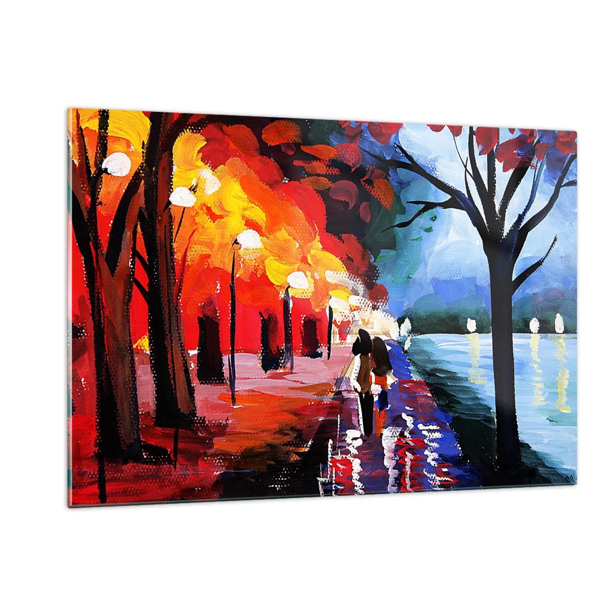 Glasbild - Bild auf glas - Ein Paar spaziert abends in einem farbenfrohen Park - 120x80cm - Strahlender Herbst im Park - Moderne Wanddekoration für Wohnzimmer und Schlafzimmer ARTTOR